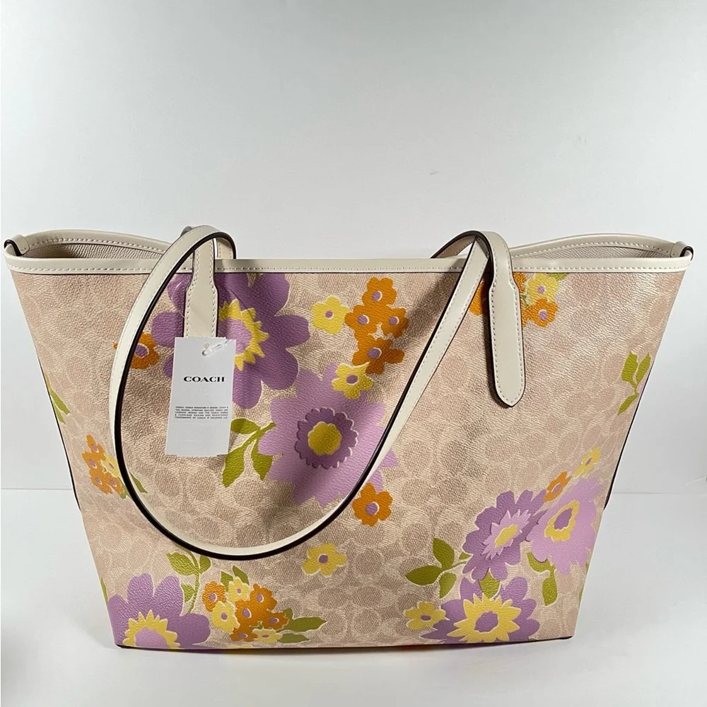 NWT COACH City Tote Bag Signature Canvas With Floral Print Silver/Sand - Picture 2 of 9